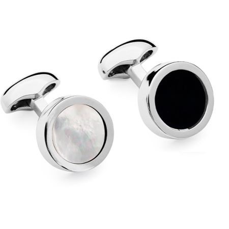 A pair of round cufflink, one showing a mother of pearl face and the other showing a black onyx face.