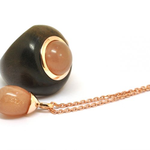 Wooden Boule Round ring and Stone Egg necklace orange moonstone